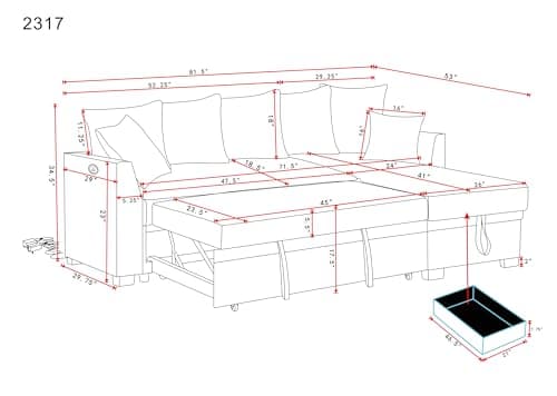 Eafurn 4-in-1 L-Shaped Sectional with Pullout Bed and USB Ports