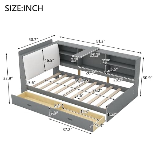 Twin L-Shaped Daybed with Upholstered Headboard & Drawers, Gray Captains Bed & Bookcase