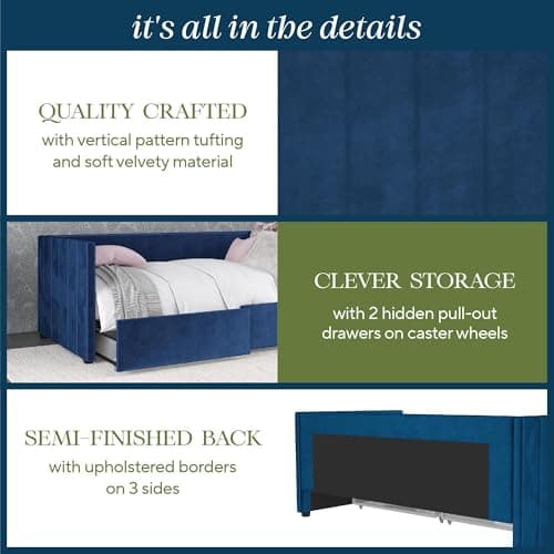 Novogratz Arliss Modern Glam Tuxedo Daybed with Storage, Twin, Blue Velvet