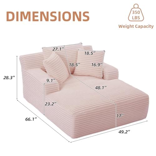 Oversized Pink Corduroy Chaise Lounge Chair with Recliner & Throw Pillows