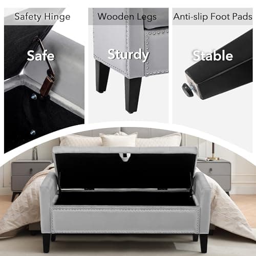 Grey Velvet Button Tufted Storage Ottoman Bench, 45" End of Bed Bench