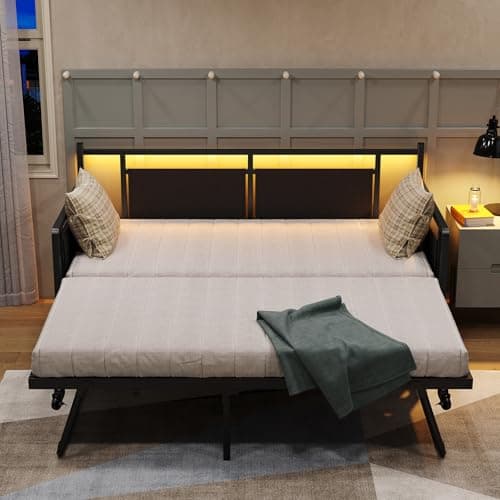 Furniouse Black Twin Daybed with Charging & LED Lights, Trundle Bed Frame
