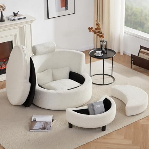 Modern Swivel Chair with Storage Ottoman for Living Room, Brown Teddy Fabric