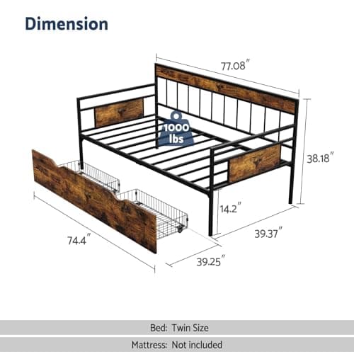 Tatub Twin Daybed with Drawers, Rustic Brown Sofa Bed Storage Frame