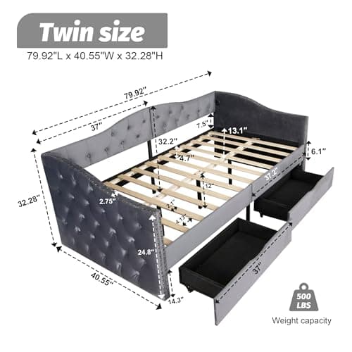 Twin Upholstered Daybed with Storage, Button-Tufted Velvet Sofa Bed,Haze Grey