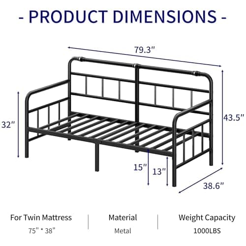 Twin Daybed Frame with Classic Headboard - Heavy Duty Steel Slats (Black)