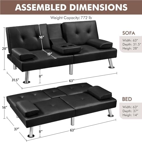 Yaheetech Adjustable Reversible Sofa Bed with Removable Armrests, Black