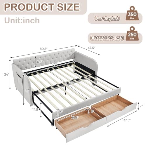 Antetek Modern Button Tufted Linen Daybed with Drawer, Beige