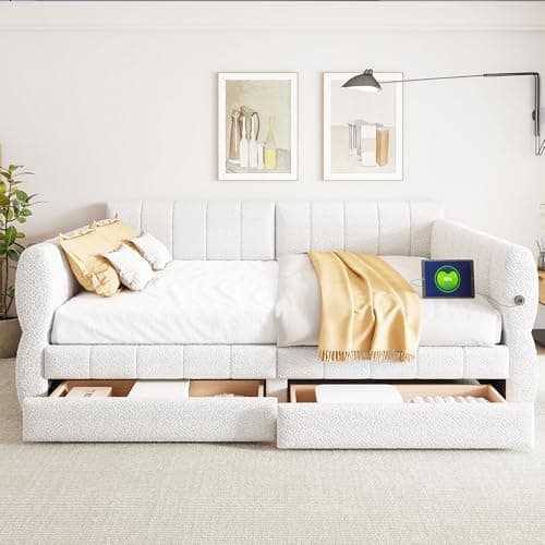 Merax Beige Corduroy Twin Daybed with Storage & Wood Slat Support