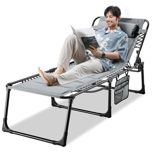 EZCHEER XL Outdoor Folding Lounge Chair, Grey, Oversized Sun Tanning Recliner