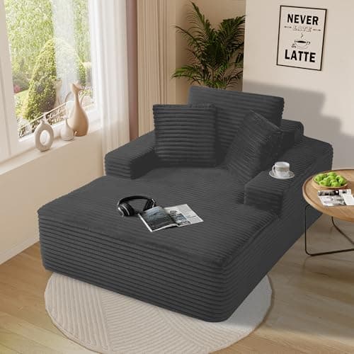 Oversized Green Faux Fur Chaise Lounge Chair with Thick Backrest & 3 Pillows