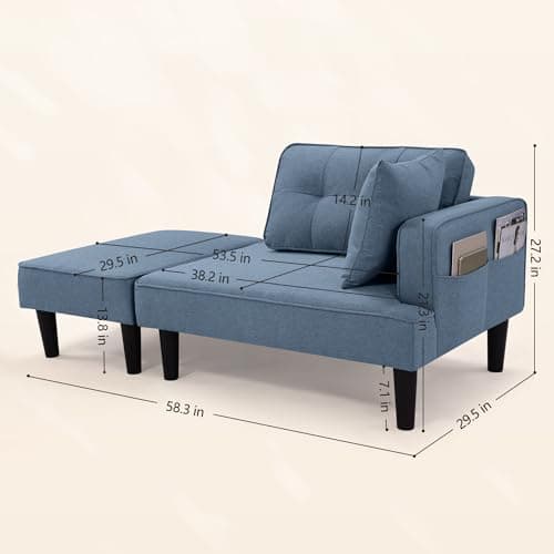 SEJOV Convertible Recliner Sofa Bed, Small Living Room Sectional with Chaise & 2 Pillows, Linen Blue