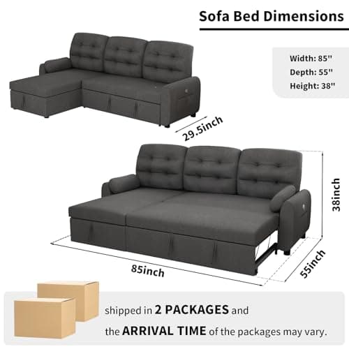 Dark Grey 2-in-1 Sleeper Sofa with Pullout Bed and Charging Station