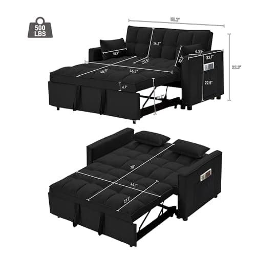 3-in-1 Velvet Convertible Sleeper Sofa Bed, Dark Black-adjustable Backrest