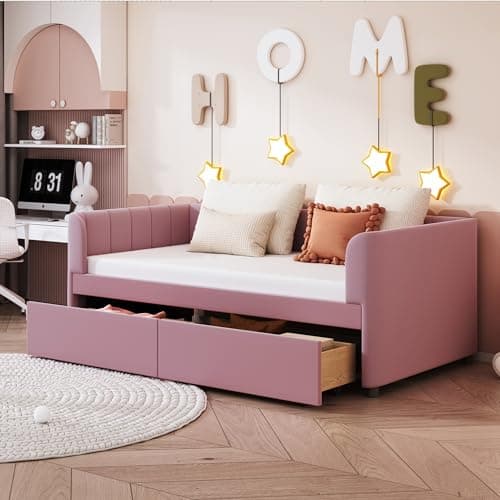 Velvet Daybed with Storage Drawers and Striped Headboard Design, Twin Size, Pink