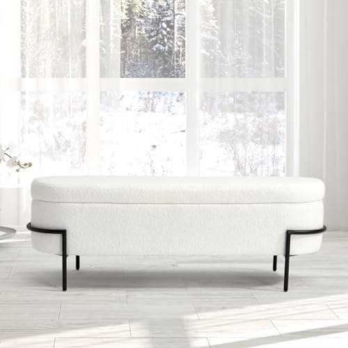 Sherpa Storage Bench, 52 Inch Oval Ottoman with White Upholstery and Metal Stand
