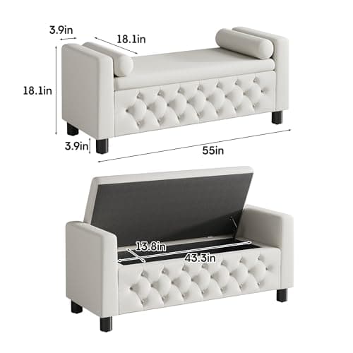Maupvit 55" Linen Upholstered Storage Bench with Arms & 2 Pillows, Beige