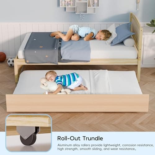 Natural Solid Wood Twin Pull Out Daybed with Trundle and Slat Support
