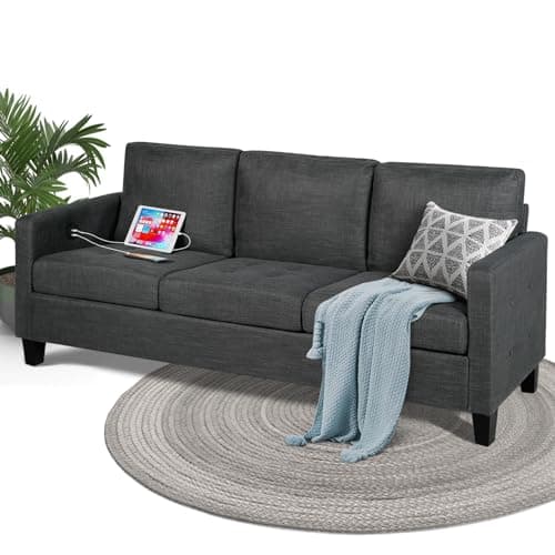 72" 3 Seater Gray Couch with USB Ports for Small Spaces