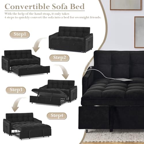 Sleeper Sofa with USB Port and Pull Out Bed for Small Spaces (Black)