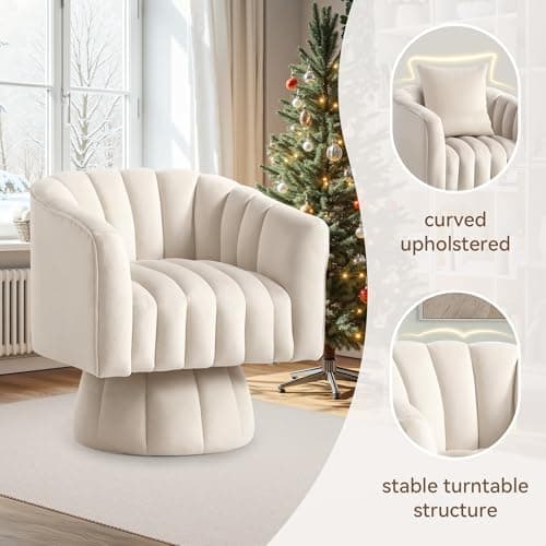 Beige Velvet Mid-Century 360° Swivel Armchair for Living Room