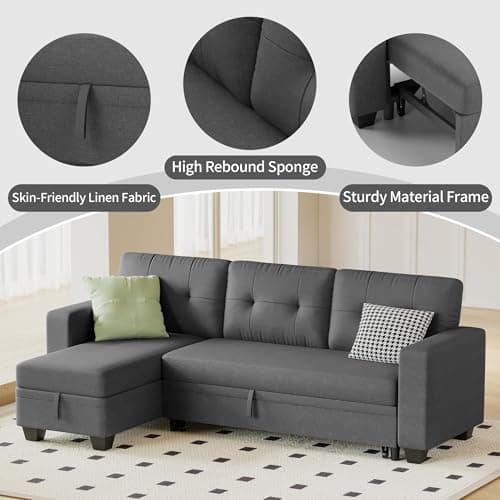 Furniwell L-Shaped Sleeper Sofa with Storage Lounge, Gray Linen (Living Room, Small Space)