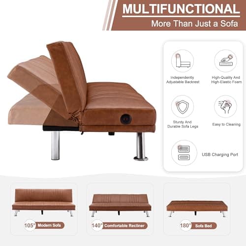 VECELO Modern Convertible Couch Bed, Faux Leather Futon, Brown