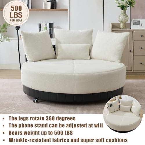 Grey 52.75" Oversized Round Swivel Couple Chair, 360° Rotate, Polyester Wood Construction