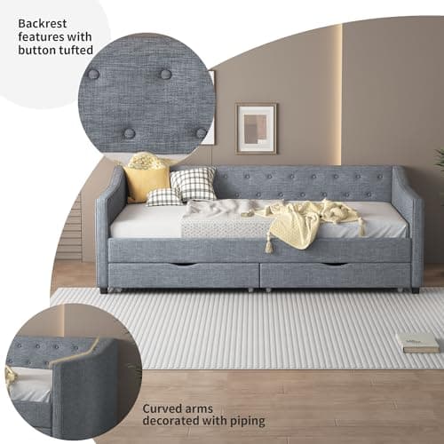 Twin Size Daybed with Storage - Upholstered Frame with Drawers & Button Tufted Backrest