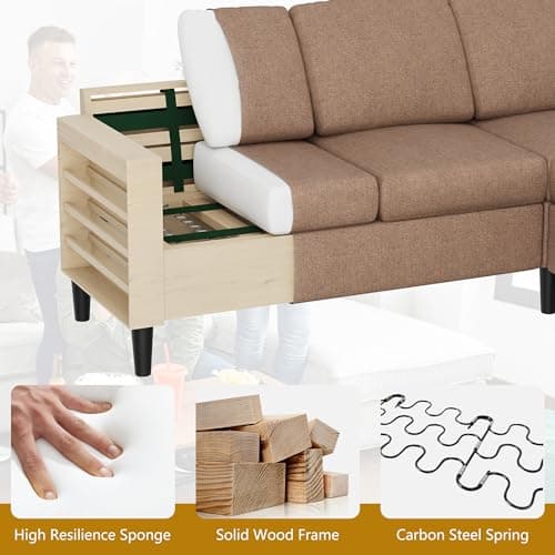 Shintenchi Brown 3 Seat L-Shaped Convertible Sofa with Ottoman, Linen Fabric
