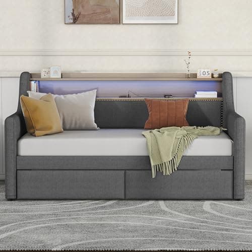 Twin Size Daybed with Storage Drawers, Charging Station and LED Lights, Gray Linen Fabric