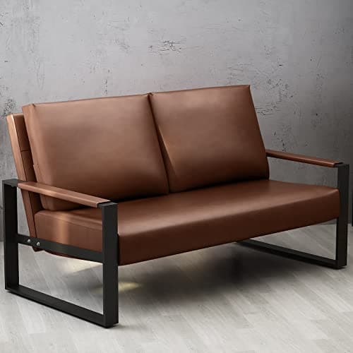 Mid-Century Brown Faux Leather Loveseat for Small Spaces