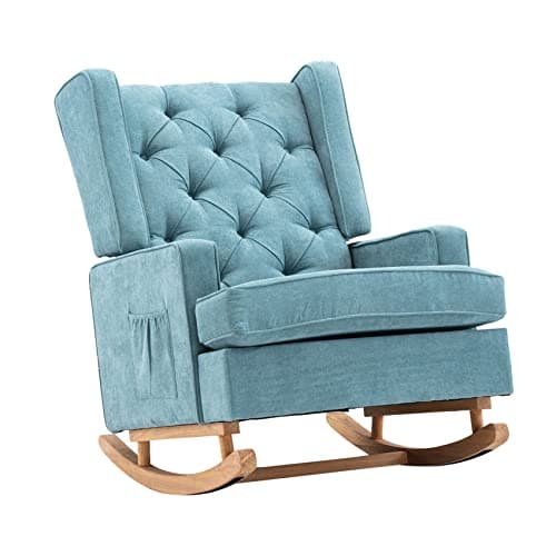 Beige Upholstered Mid Century Modern Dolonm Rocking Chair with Solid Wood Base