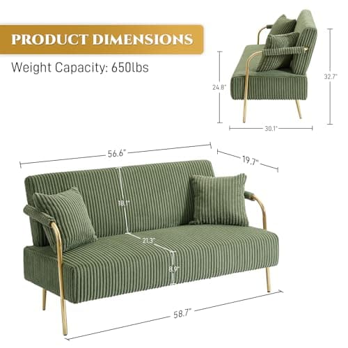 O YY Sir Dark Green Corduroy 59" 2 Seater Loveseat Couch with Pillows