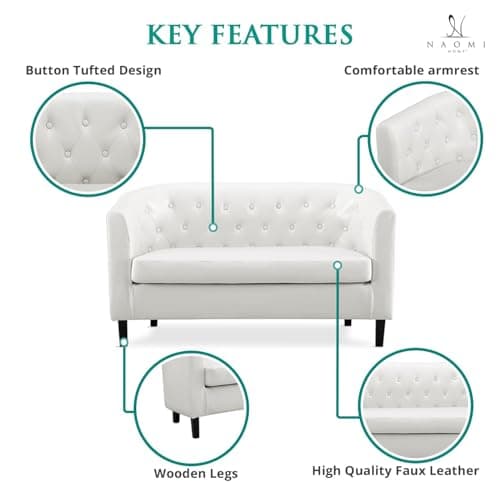 Midcentury Modern Button Tufted White Emma Loveseat, Small Living Room Couch - Easy Assembly
