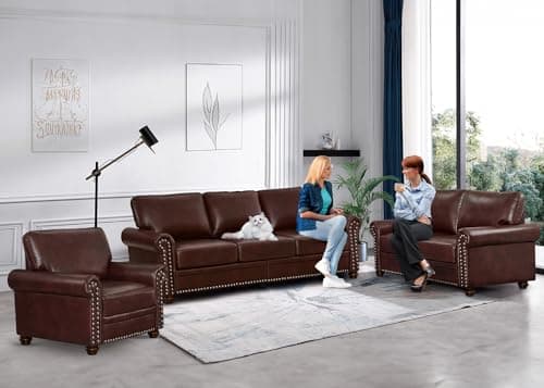 Burgundy Mid Century Faux Leather Sofa Set with Storage & Nailhead Trim