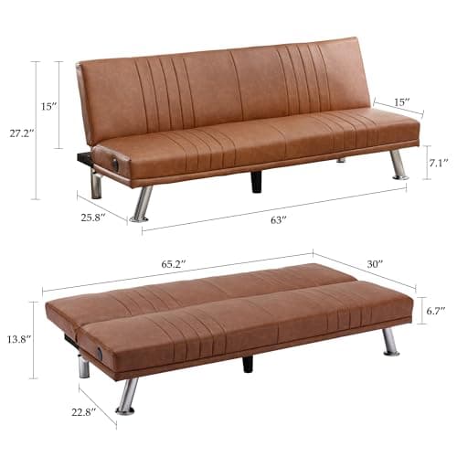 VECELO Modern Convertible Couch Bed, Faux Leather Futon, Brown