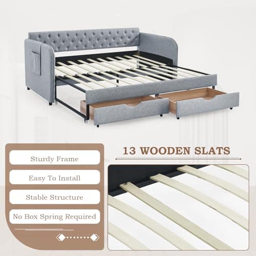 Twin Size Day Bed with Trundle and Storage Drawers in Grey