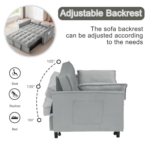 3 in 1 Convertible Sofa Bed, Grey with Side Pocket & Adjustable Backrest