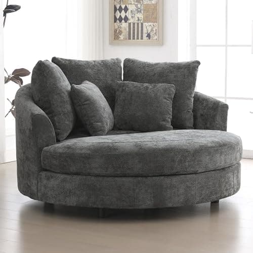 Beige Knitted Chenille Oversized Barrel Chair with Wheels & 5 Pillows
