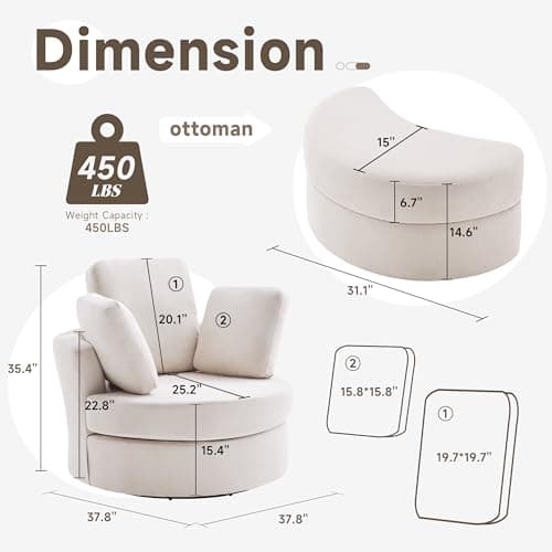 Swivel Accent Barrel Chair with Removable Headrest and Neck Support Pillow, Living Room Oversized Chair with Ottoman – Beige