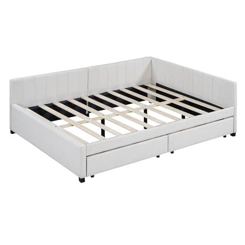 Merax Daybed with Storage Drawers, Sofa Bed Frame in Beige Linen Fabric