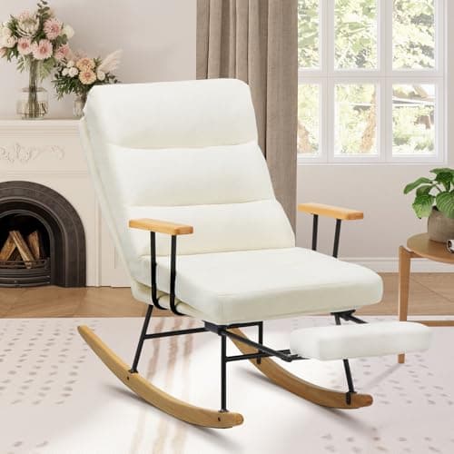 Retractable Footrest Rocking Chair, Teddy Upholstered, Beige, Modern Living Room Chair
