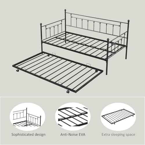 Twin Size Daybed with Trundle, Metal Sofa Bed Frame (Black)