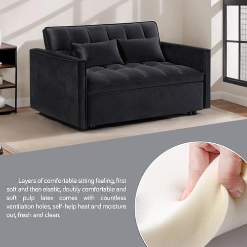 Black 3-in-1 Velvet Couch Bed with Recliner and Pillows, Full Size Sleeper Sofa