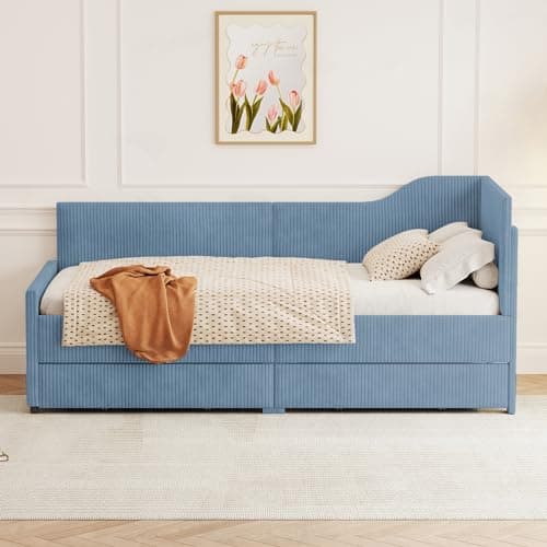 Merax Twin Size Corduroy Daybed with Storage Drawers & Wood Slat Support, Blue