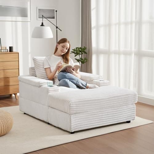 Beige Corduroy Chaise Lounge with Ottoman & Cup Holder