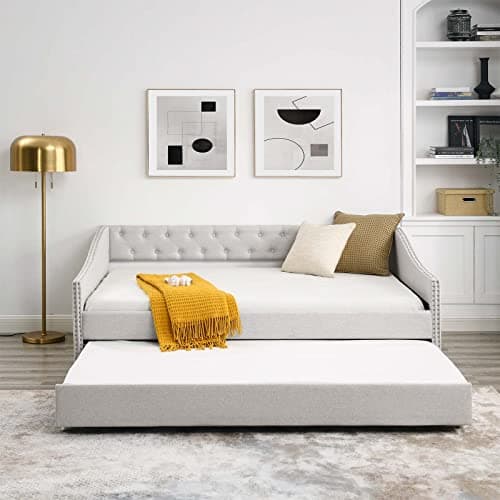 Antetek Beige Full Size Linen Daybed with Trundle, Button-Tufted Sofa Frame