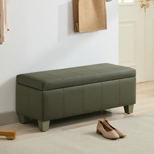 Black Brown Faux Leather Storage Ottoman with Wooden Legs
