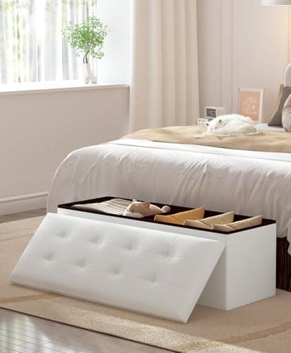 White Storage Ottoman Bench with Folding Foot Rest, 15 x 43 x 15 Inches